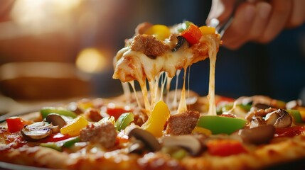 A person lifting a cheesy slice of pizza topped with colorful vegetables in a cozy setting