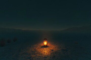 Lantern illuminating a desolate desert landscape at night under starry sky