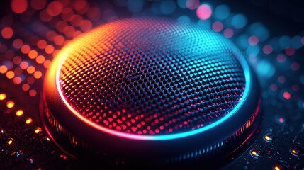Close-up of Modern Speaker with Red and Blue Lighting Accents