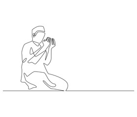 Continuous one line drawing of muslims prayer. Single line drawing illustration of Muslim person sitting and praying. Ramadan kareem concept vector art. Doodle line illustration.