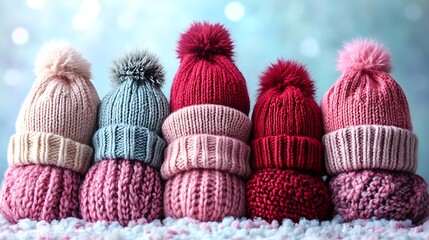 An inviting winter display with soft knitted hats scarves and gloves on a pastel surface