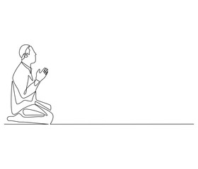 Continuous one line drawing of muslims prayer. Single line drawing illustration of Muslim person sitting and praying. Ramadan kareem concept vector art. Doodle line illustration.