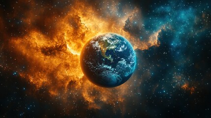 Obraz premium Earth in a fiery nebula