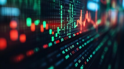 Fototapeta premium Close Up of a Stock Market Graph Display with Vibrant Red and Green Indicators : Generative AI