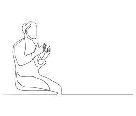 Continuous one line drawing of muslims prayer. Single line drawing illustration of Muslim person sitting and praying. Ramadan kareem concept vector art. Doodle line illustration.