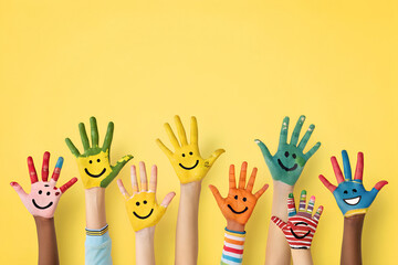 A Lot of painted hands raised up. Group of multiracial funny children funny kids hands up on the yellow background. Copy space.