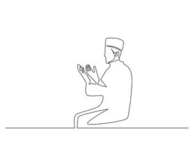 Continuous one line drawing of muslims prayer. Single line drawing illustration of Muslim person sitting and praying. Ramadan kareem concept vector art. Doodle line illustration.