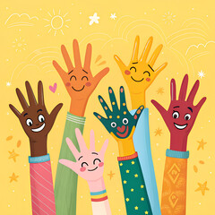 A Lot of painted hands raised up. Illustration of group of multiracial funny children funny kids hands up on the yellow background. Copy space.