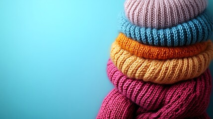 Warm winter essentials including knitted hats gloves and scarves beautifully arranged on a pastel background