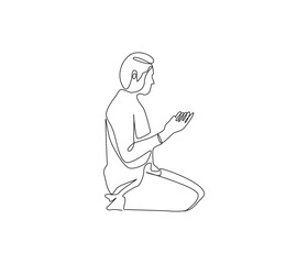 Continuous one line drawing of muslims prayer. Single line drawing illustration of Muslim person sitting and praying. Ramadan kareem concept vector art. Doodle line illustration.
