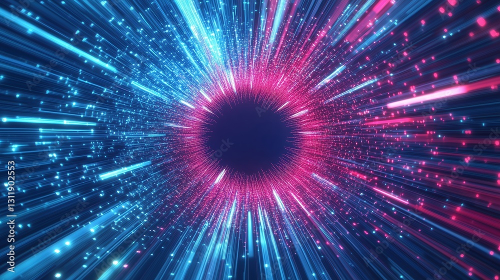 Poster  Glowing fiber optic light background in red and blue colors, representing big data technology with high-speed tunnel effect. Digital abstract design for optical communication networks and web banners