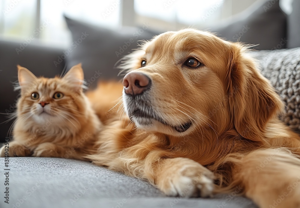 Poster friendly golden retriever and playful ginger cat relax together on couch : generative ai