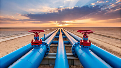 Vast Blue Pipelines Stretching Towards A Vibrant Sunset, Carrying Vital Resources Across A Desolate Landscape Under A Dramatic Sky