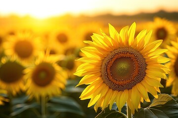 Obraz premium A close-up view of a sunflower field at golden hour, where the warm light highlights the intricate details of each petal and seed, creating a radiant and inviting scene