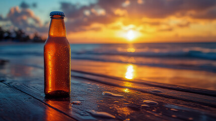 Sunset at the beach with a bottle of beer catching the golden light by the waves