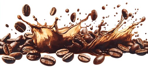 Rich Chocolate Coffee Splash with Roasted Beans on White Background : Generative AI