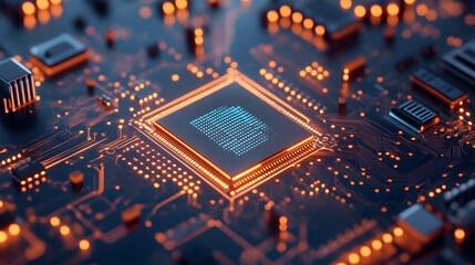 A highly detailed close-up of an advanced computer chip glowing with neon blue and orange circuitry. Intricate pathways and delicate transistors pulse with energy, representing the immense