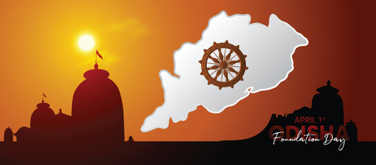Odisha Foundation Day 1st  April temple in sunset vector poster