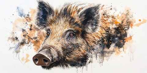 Vivid watercolor captures a wild boar's regal head and torso, head turned left, richly detailed fur textured by intricate brush strokes, exuding raw nature's power in an intimate close-up