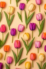 Obraz premium Vibrant tulips in various colors arranged on a soft light background, bringing the essence of spring season to life and creating a cheerful atmosphere