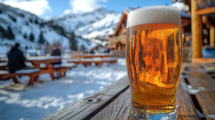 Enjoying a refreshing pilsner in a snowy mountain setting at a cozy outdoor bar