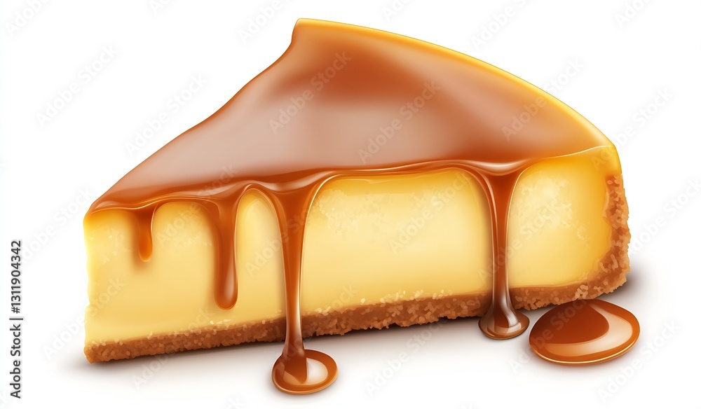 Poster decadent slice of cheesecake with rich caramel dripping down : generative ai