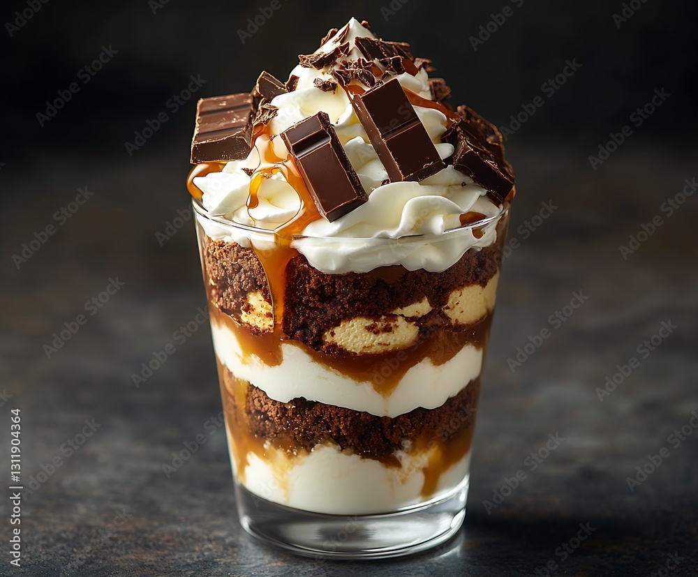 Poster decadent chocolate dessert layered with cake whipped cream and drizzle in a glass : generative ai