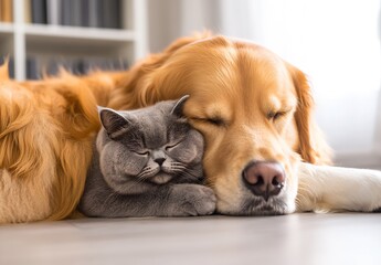 Golden Retriever Embracing a Content British Shorthair Cat in Cozy Setting : Generative AI