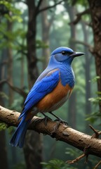 Fototapeta premium Majestic blue bird perched on a tree branch in the forest rest, blue peacock, wildlife