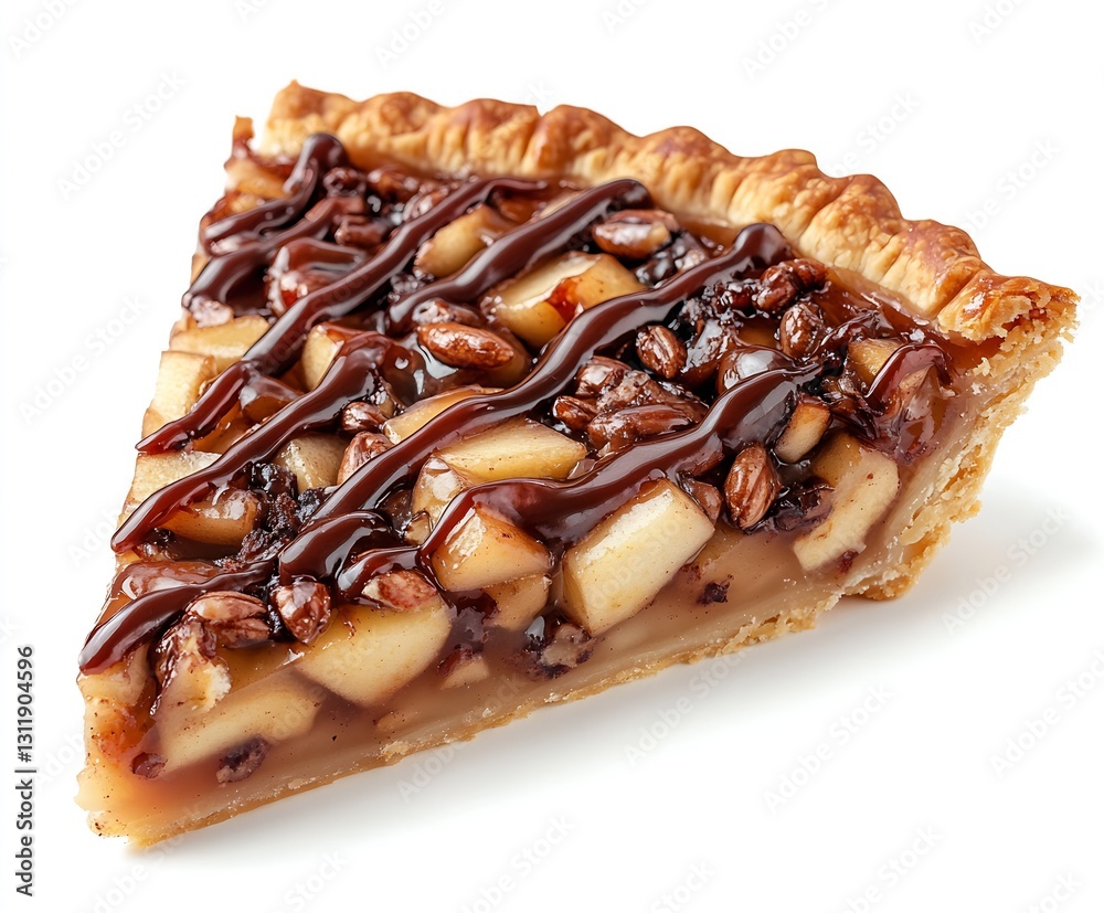 Poster savory apple pie slice with rich chocolate drizzle served as a tea snack : generative ai