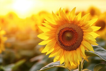 Obraz premium A close-up view of a sunflower field at golden hour, where the warm light highlights the intricate details of each petal and seed, creating a radiant and inviting scene