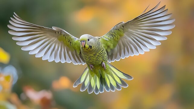 Green budgie in flight, wings spread wide against blurred autumn background.