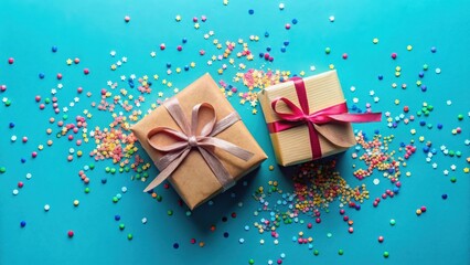 Obraz premium Celebration Presents Wrapped in Festive Ribbons Amidst Colorful Confetti on a Vibrant Blue Background