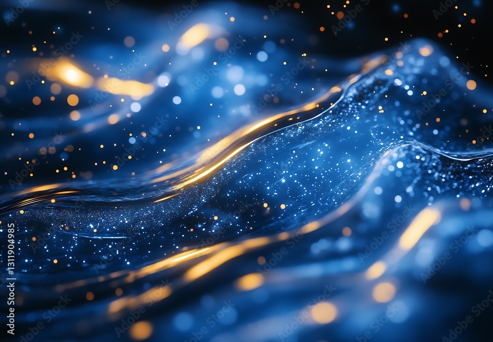 Poster Glittering Waves in Blue and Gold with Floaty Bokeh Lights : Generative AI