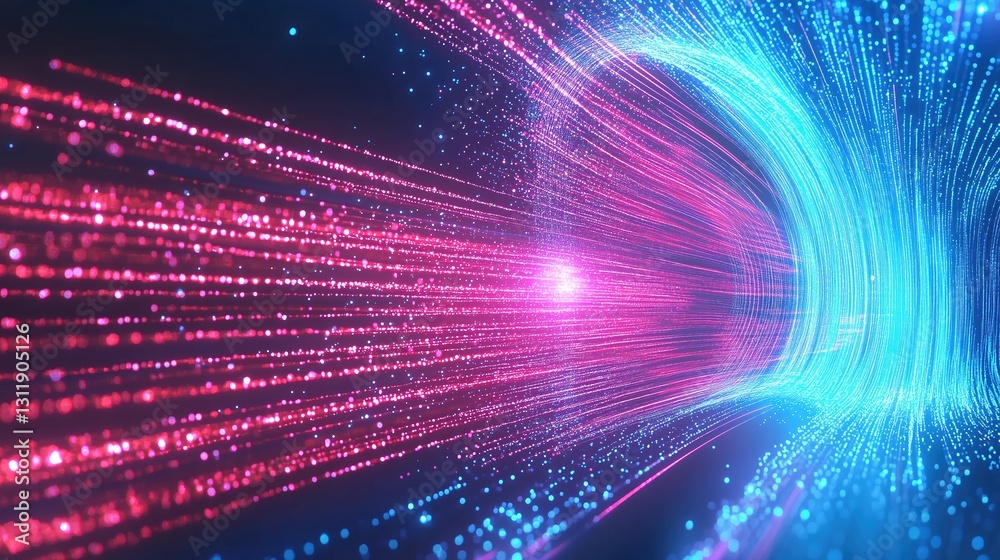 Poster  Glowing fiber optic light background in red and blue colors, representing big data technology with high-speed tunnel effect. Digital abstract design for optical communication networks and web banners
