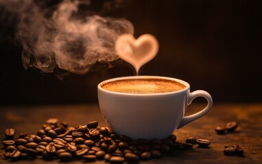 Cup of Steaming Coffee with Heart Shaped Steam and Coffee Beans