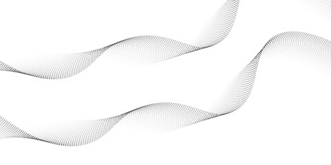Flowing dots particles wave pattern halftone gradient curve shape isolated on white background.