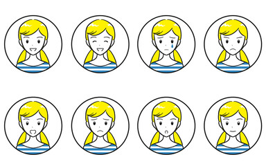 小学生女子の喜怒哀楽・様々な表情のアイコンセット　シンプル