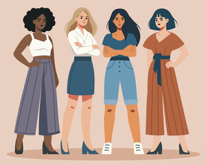 Obraz premium Equality Day. Women's Day. Vector banner. Different women standing together in a protest pose, fighting for gender equality and women's empowerment. Suitable for women's projects