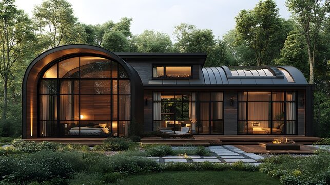 High-tech steel home frame with curved architectural design, highlighting versatility and lightweight materials, 8K rendering