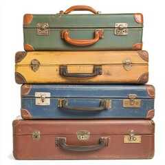 Vintage Suitcases Stacked on White Background