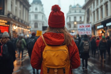 Obraz premium Experience the power of a massive political protest in a modern city, featuring crowds of people with backpacks and handbags. Discover more!