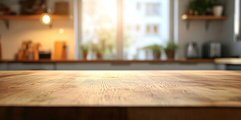 Wooden Tabletop in Bright Kitchen with Window Background for Product Display