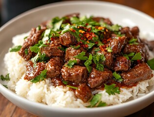Savory beef and rice bowl topped with fresh cilantro and spices : Generative AI