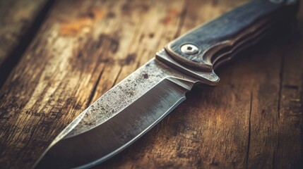 Detailed close-up of a rugged knife with a worn blade, resting on a rustic wooden surface. The aged texture and lighting evoke a sense of survival, craftsmanship, and outdoor adventure.. AI Generation