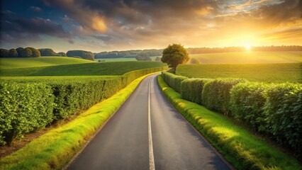Obraz premium Scenic Country Road at Sunset, Lined with Lush Green Hedges and Rolling Fields of Crops