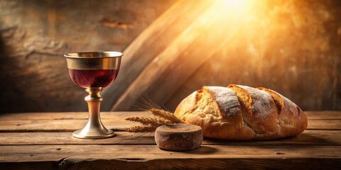 Obraz premium Golden chalice of wine and freshly baked bread on rustic wooden table