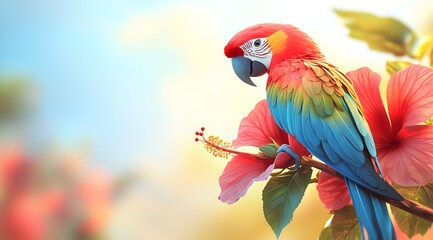 Obraz premium Colorful parrot perched on a branch with hibiscus flowers