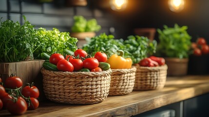 A rustic kitchen counter featuring fresh vegetables in woven baskets illuminated by soft warm lighting