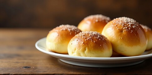 Freshly baked milk buns arranged in a row on a plate, breakfast, snack